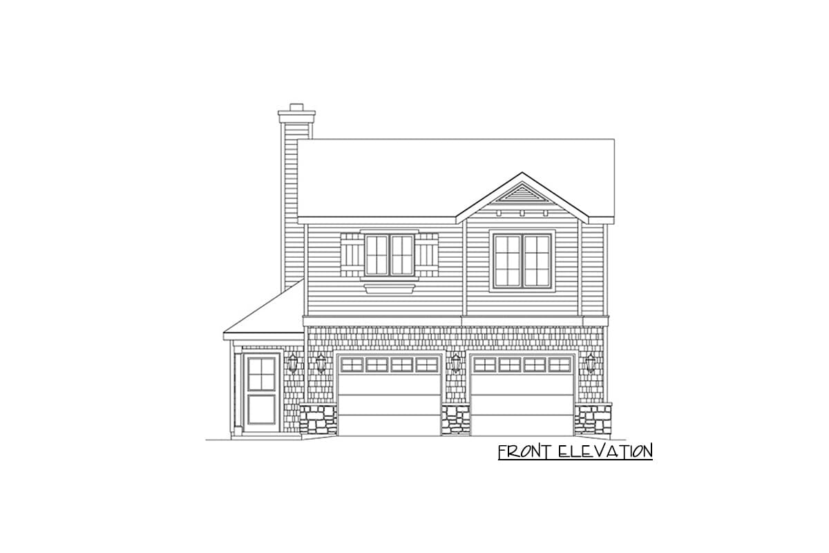 Front elevation drawing of a two-story house plan featuring a prominent chimney, a gable, and a double garage with stone accents.