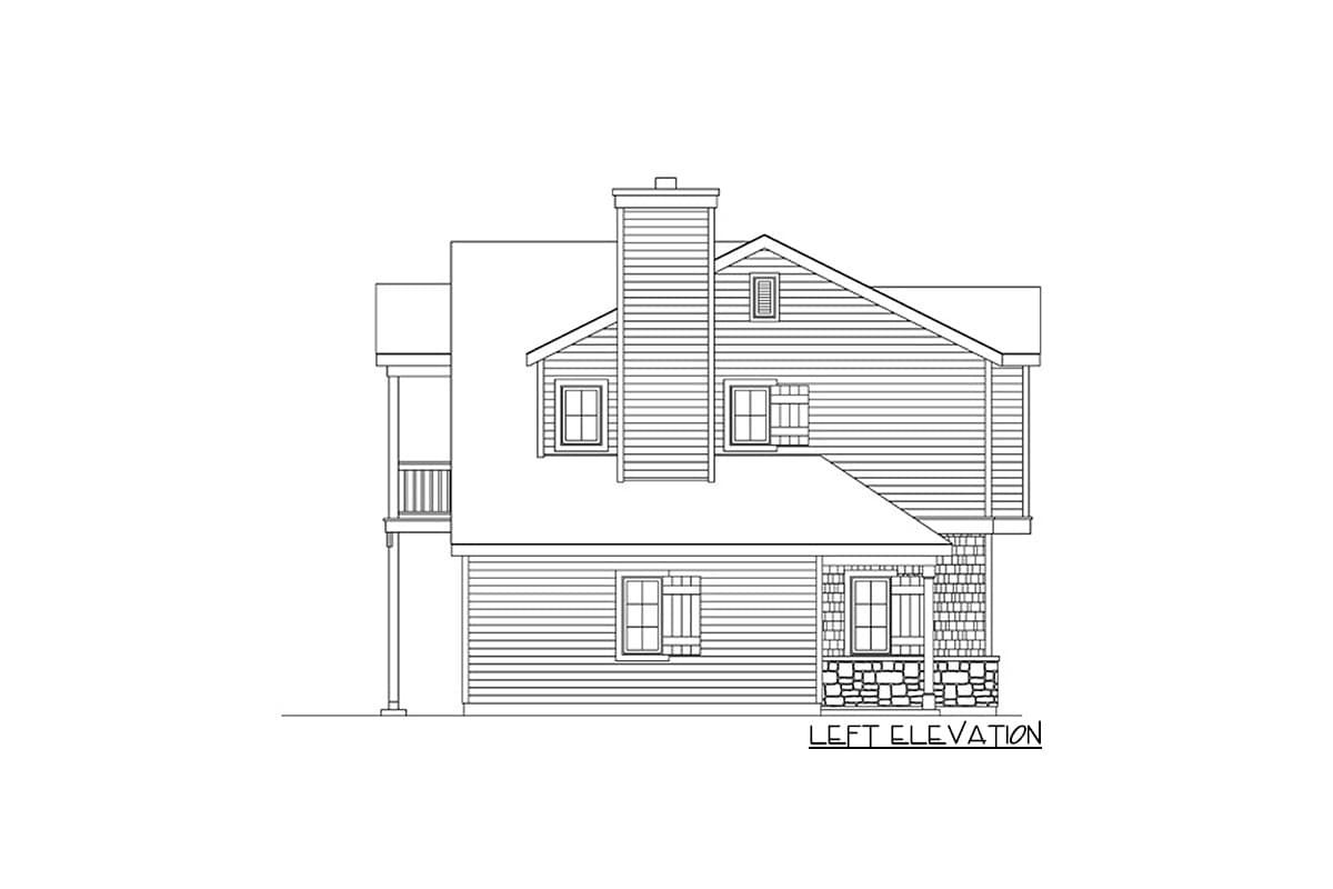 Left elevation house plan with siding, stone foundation, chimney, dormer, and second-story balcony.