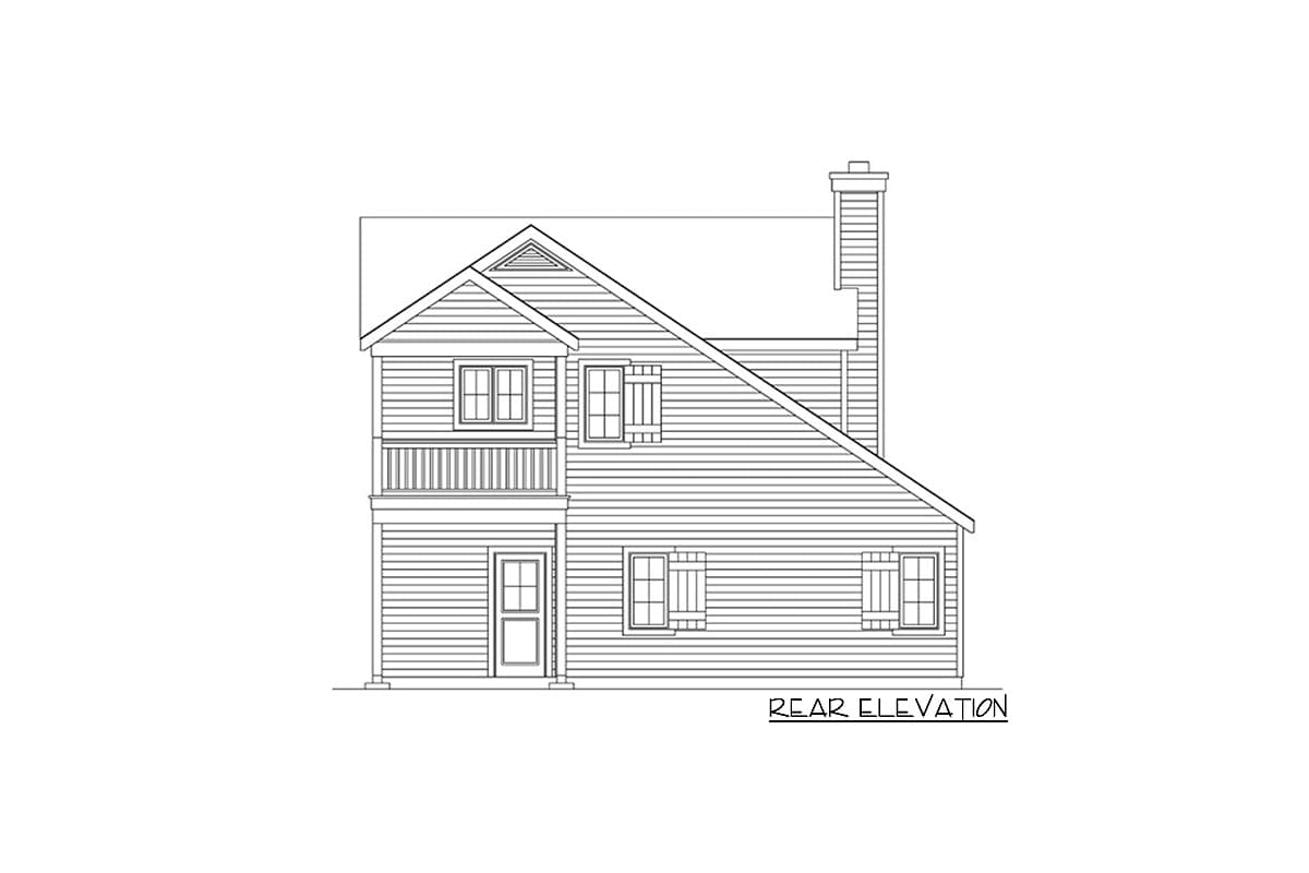Rear elevation drawing of a two-story house plan with a second-story balcony, a chimney, and multiple windows.