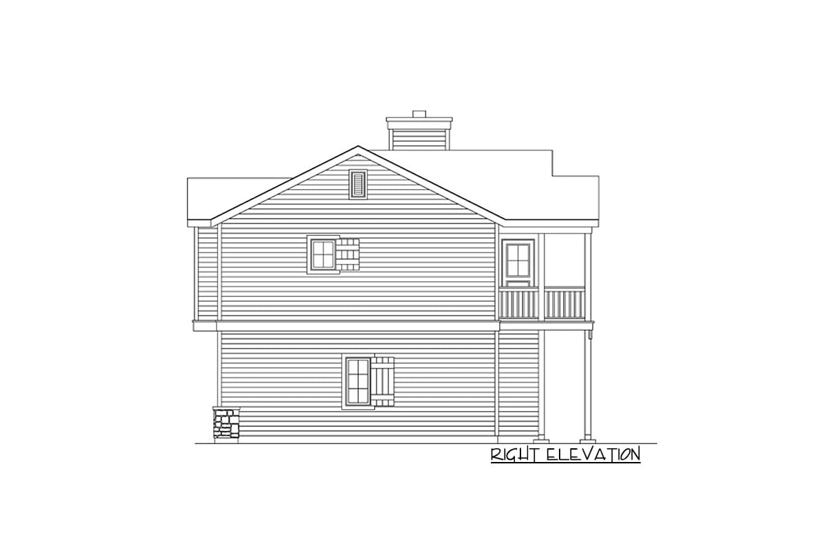 Right elevation house plan: Two-story home with a front-facing gable, pitched roof, and a small covered porch with railings.