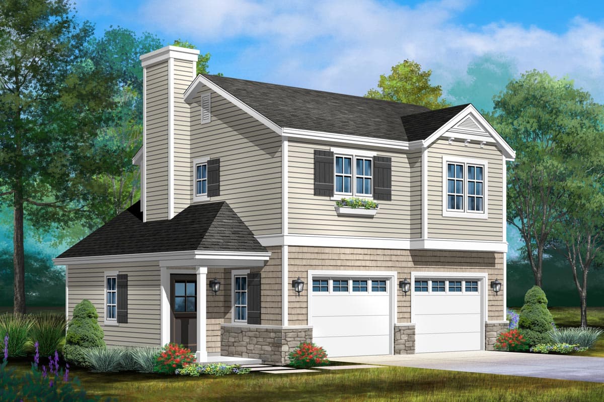 House plan exterior. Two-story home with a gabled roof, stone accents, and a front-facing garage. Includes shutters and a porch.