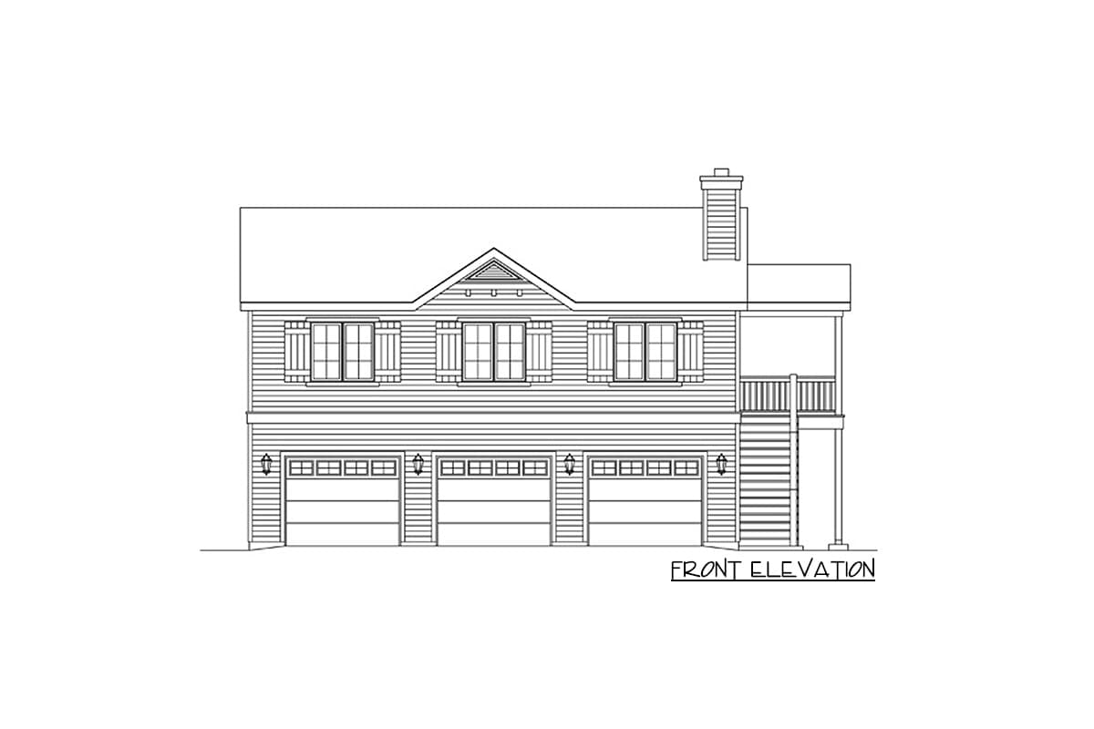 Front elevation drawing of a house plan featuring three garage doors, multiple windows, gables, and a porch with stairs.