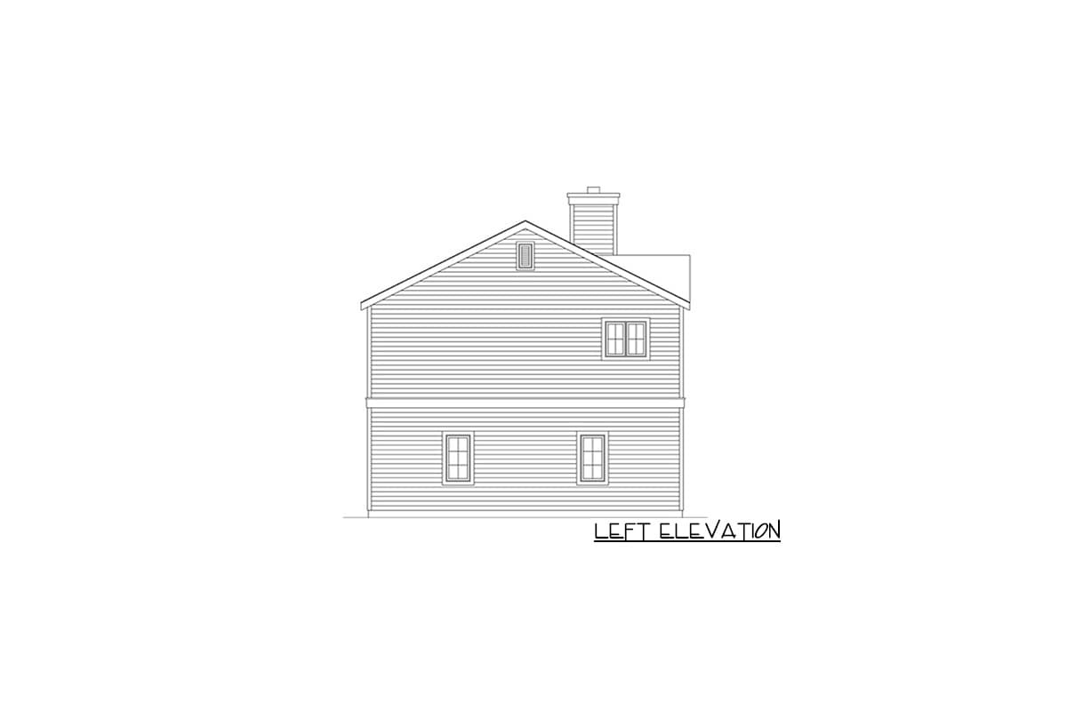 Left elevation drawing of a two-story house plan with horizontal siding, a gable roof, and a chimney.