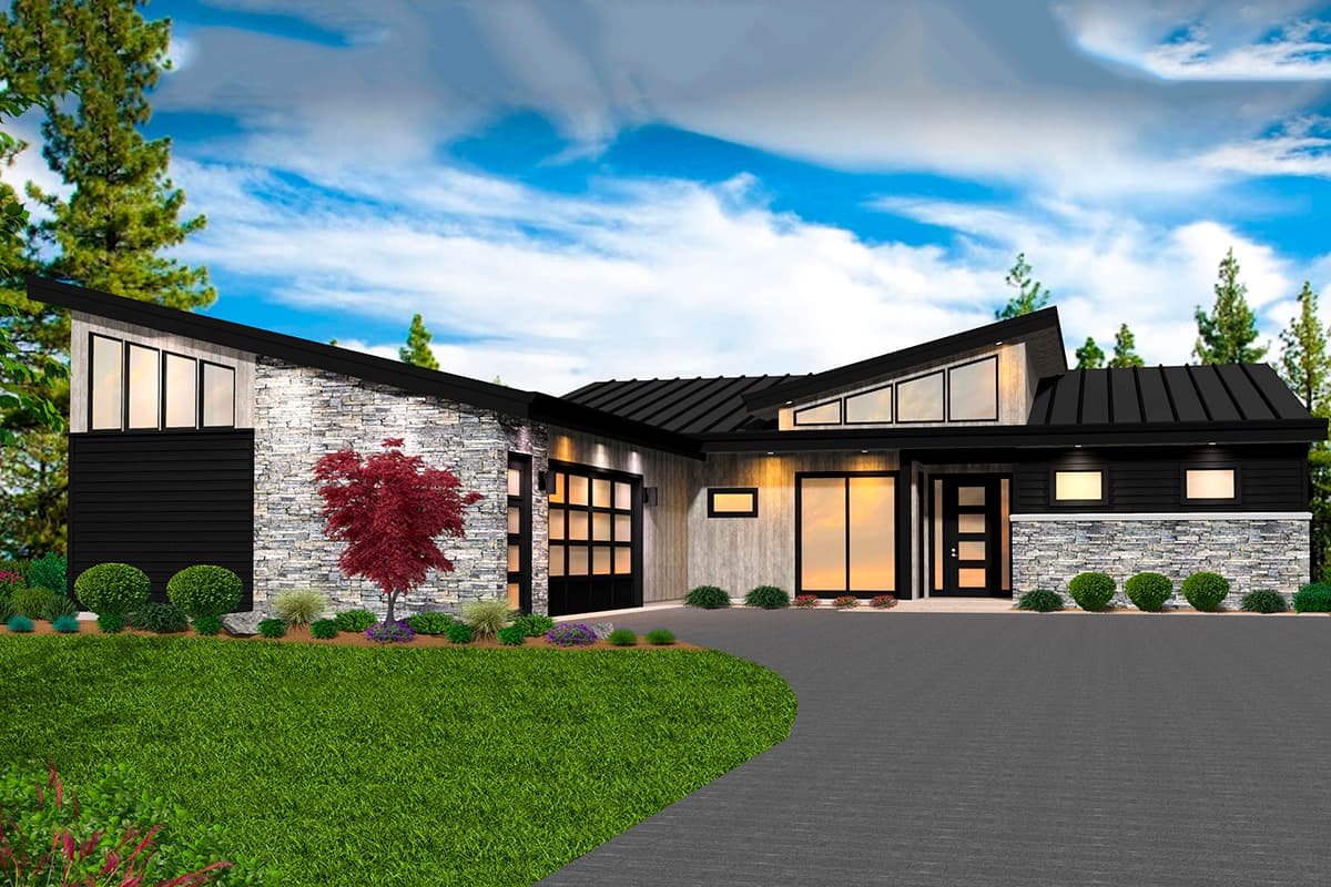 House plan exterior. Modern style, single story. Features include asymmetrical rooflines, large windows, and a multi-car garage.