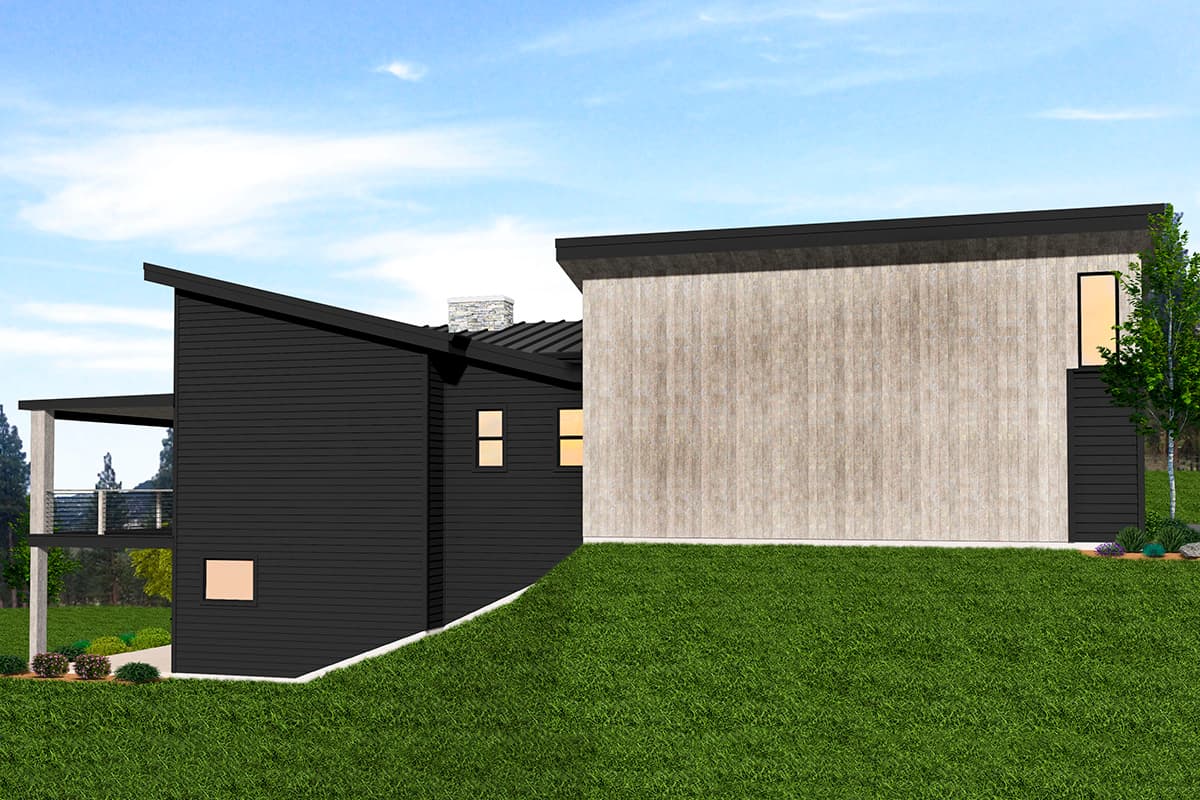 Modern house plan exterior with dark horizontal siding, a light wood-clad section, shed rooflines, and a cantilevered balcony.