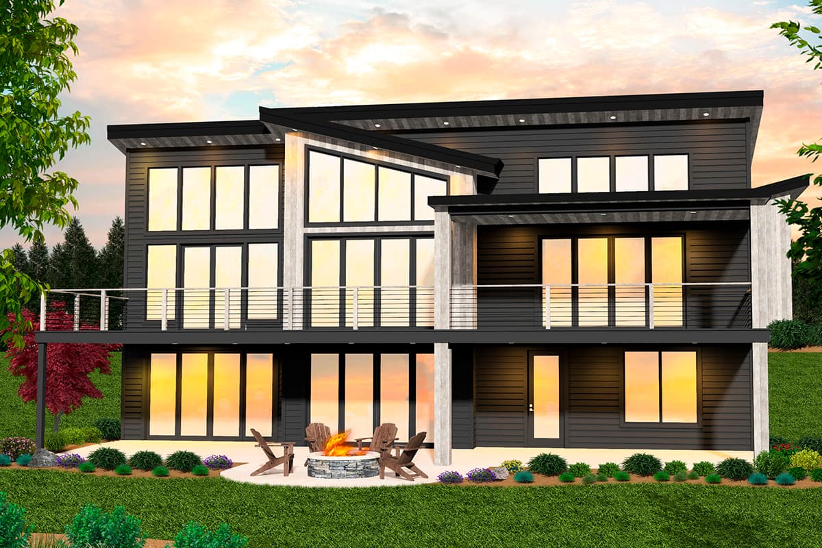 Modern house plan exterior with multiple stories, large windows, balconies, and a flat roof.