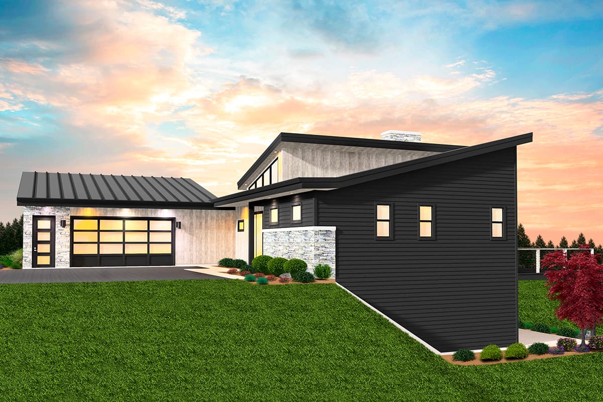 Modern house plan exterior with asymmetrical rooflines, dark siding, stone accents, and a detached garage with glass door.