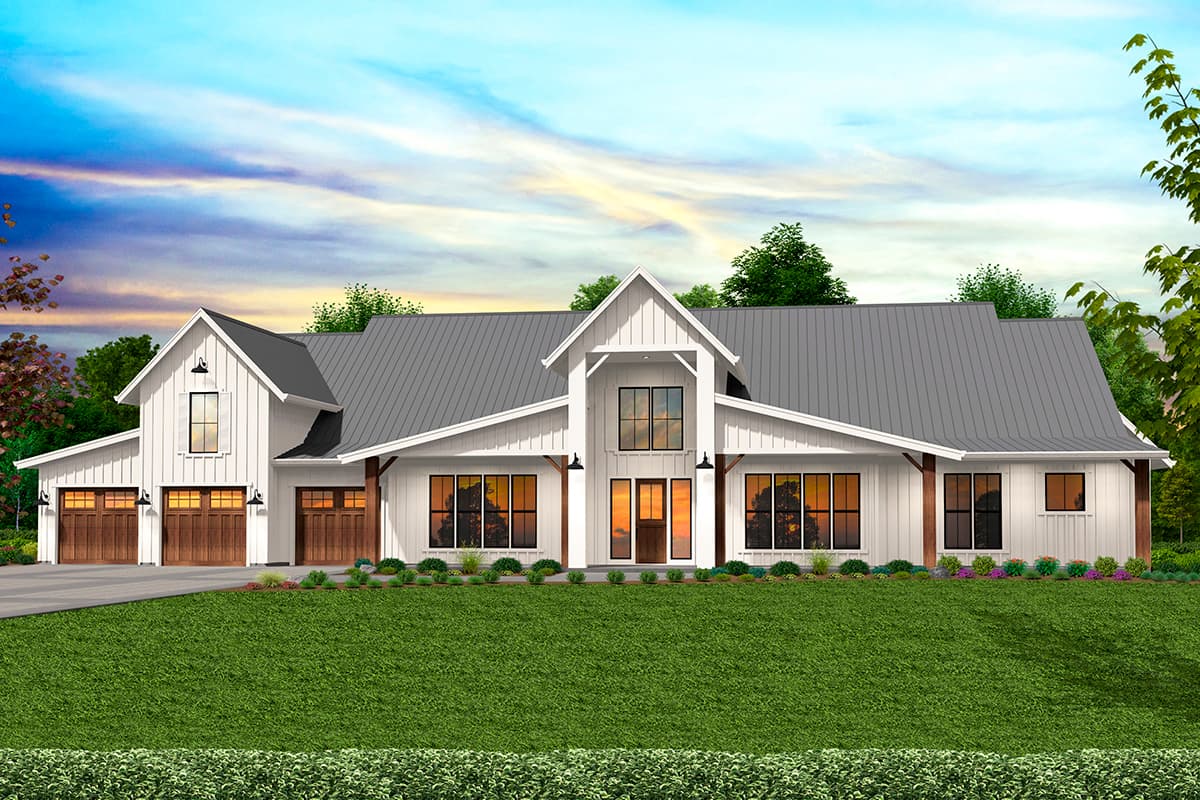Modern Farmhouse house plan exterior with three-car garage, large gables, and extensive window walls.