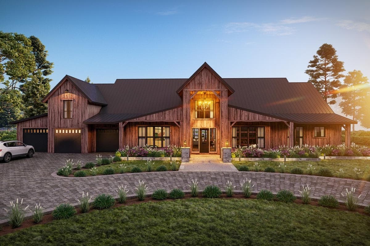 Modern Farmhouse house plan exterior with triple garage, prominent gables, large windows, and wood siding.