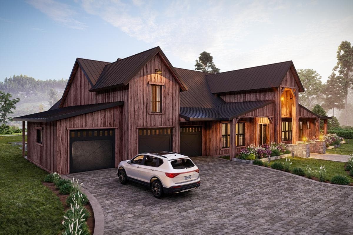 Modern farmhouse house plan exterior with dark metal roof, three-car garage, and wood siding.