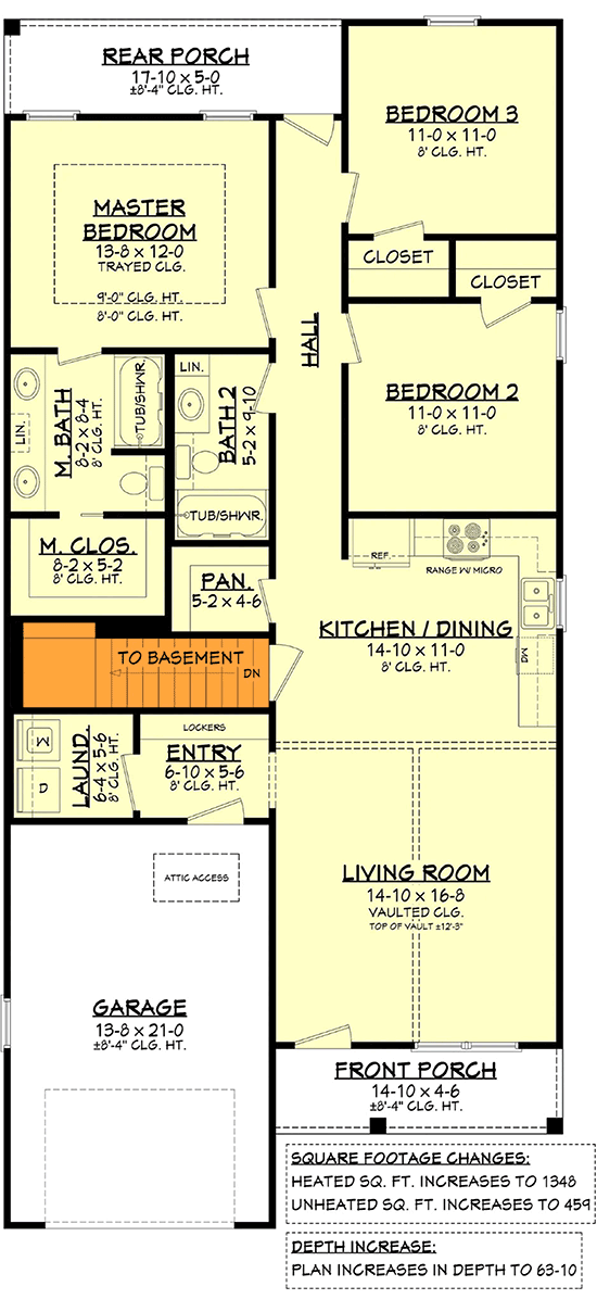 Plan 51815HZ: 3-Bed Ranch House Plan with Vaulted Ceiling - 1292 Sq Ft - Floor Plan - Basement Stairs Location - Cottage, Country, Craftsman, New American, Traditional
