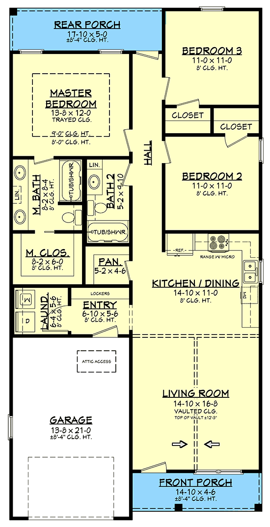 Plan 51815HZ: 3-Bed Ranch House Plan with Vaulted Ceiling - 1292 Sq Ft - Floor Plan - Main Level - Cottage, Country, Craftsman, New American, Traditional
