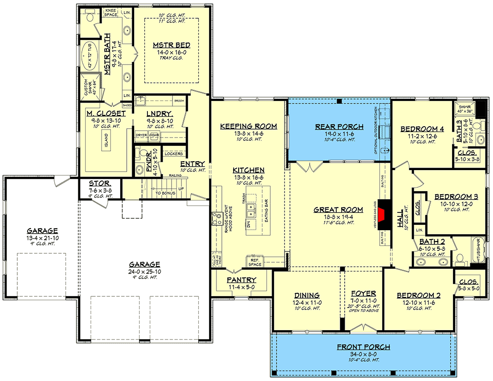 Plan 51816HZ: Modern Farmhouse Plan with 3-Car Front-entry Garage and Bonus Room - Floor Plan - Main Floor - Country, Craftsman, Farmhouse, Modern Farmhouse, New American, Traditional