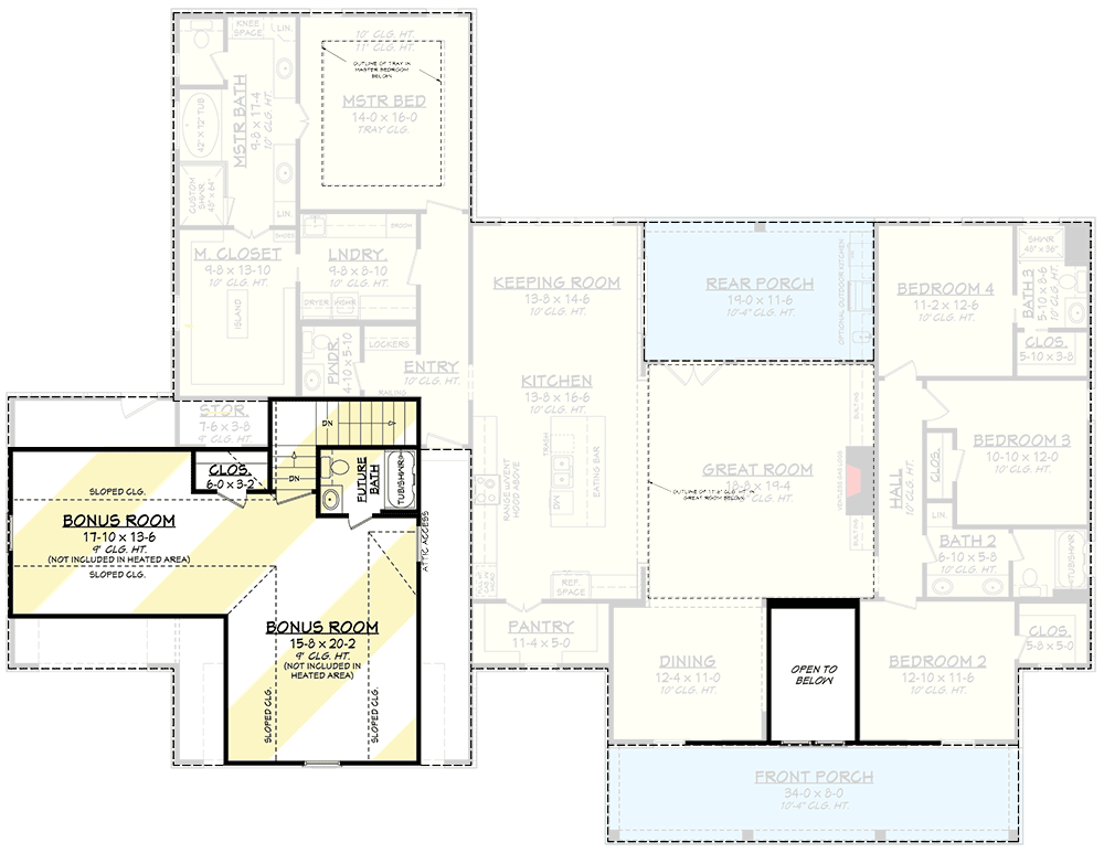 Plan 51816HZ: Modern Farmhouse Plan with 3-Car Front-entry Garage and Bonus Room - Floor Plan - Bonus Level - Country, Craftsman, Farmhouse, Modern Farmhouse, New American, Traditional