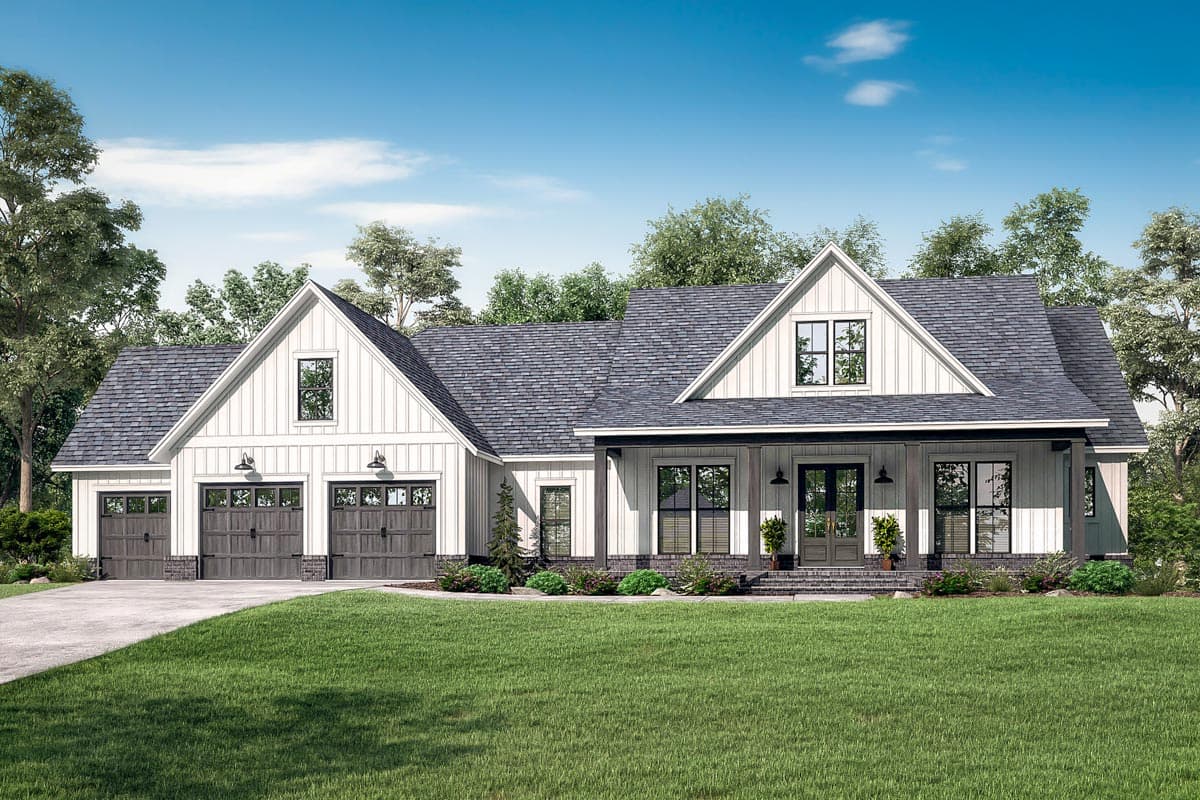 House plan exterior. Modern Farmhouse style, one-story home with a gabled roofline. Features include a front porch and a three-car garage.