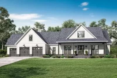 Modern Farmhouse Plan with 3-Car Front-entry Garage and Bonus Room
