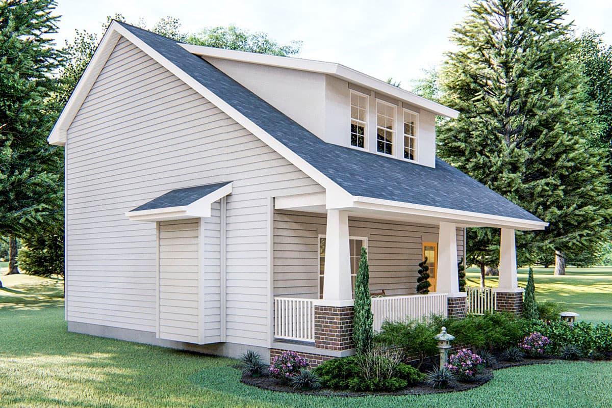 House plan exterior: Gable roof, dormer with three windows, covered front porch with square columns, siding and brick base.