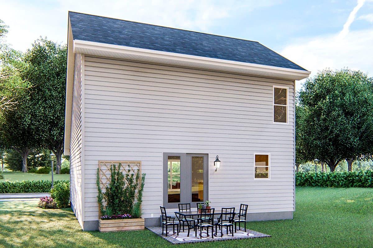 Two-story house plan exterior with light gray siding, gable roof, double doors, and two windows.