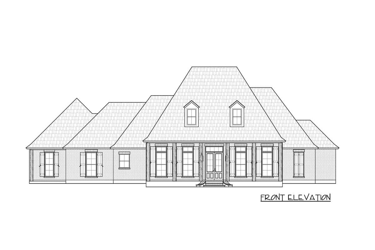 Front elevation drawing of a two-story house plan with a central gabled roof, dormers, and a covered front porch with columns.