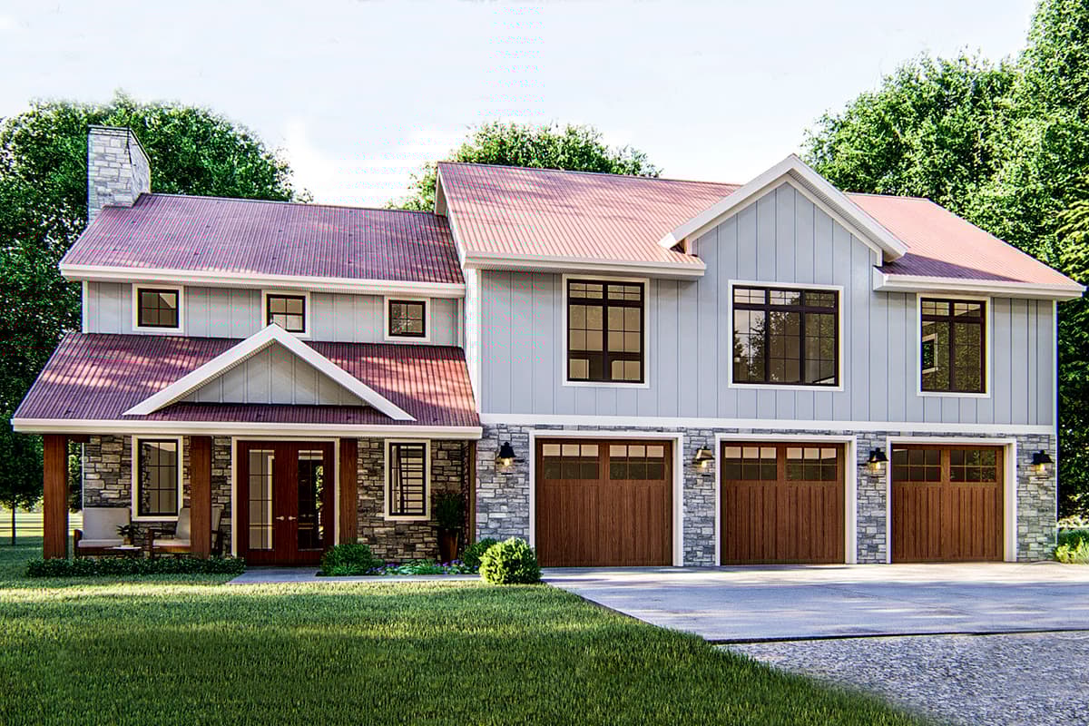 House plan exterior with two stories, a gabled roof, stone accents, a three-car garage, and a covered porch.