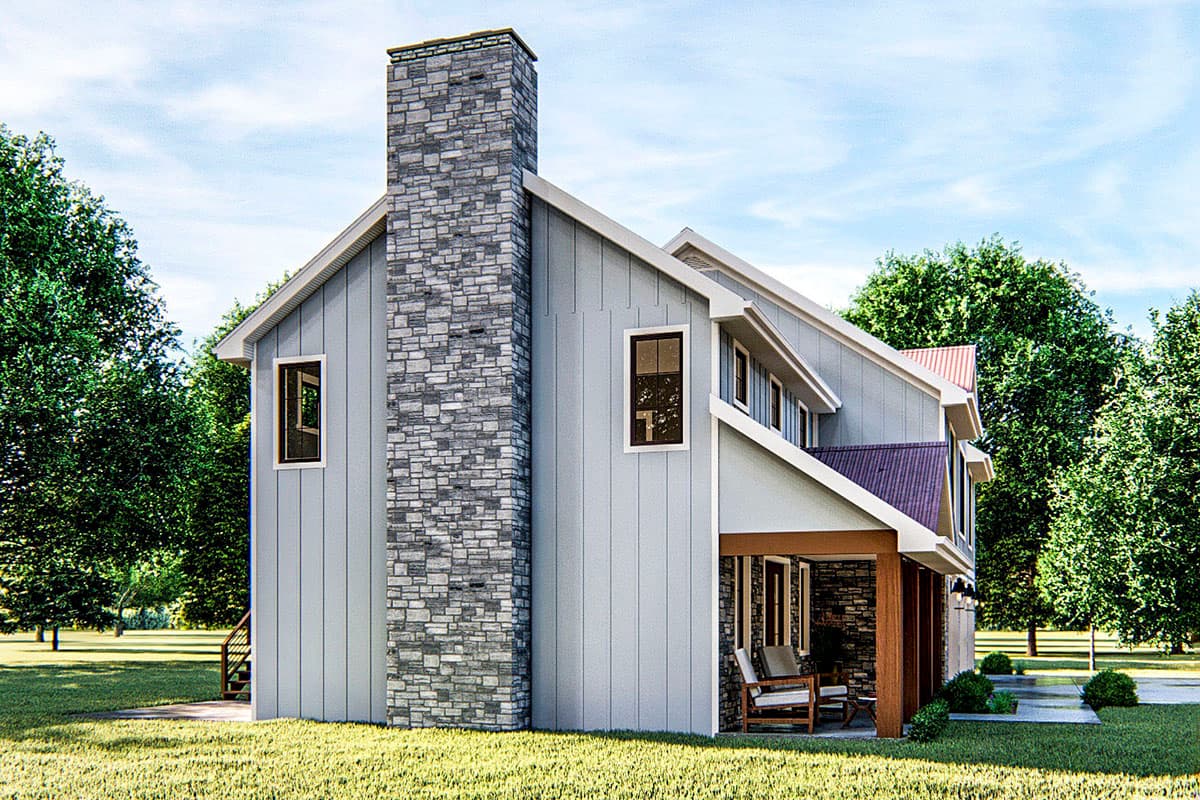 House plan exterior: Modern style, two stories, prominent stone chimney, vertical siding, covered porch, and varied rooflines.