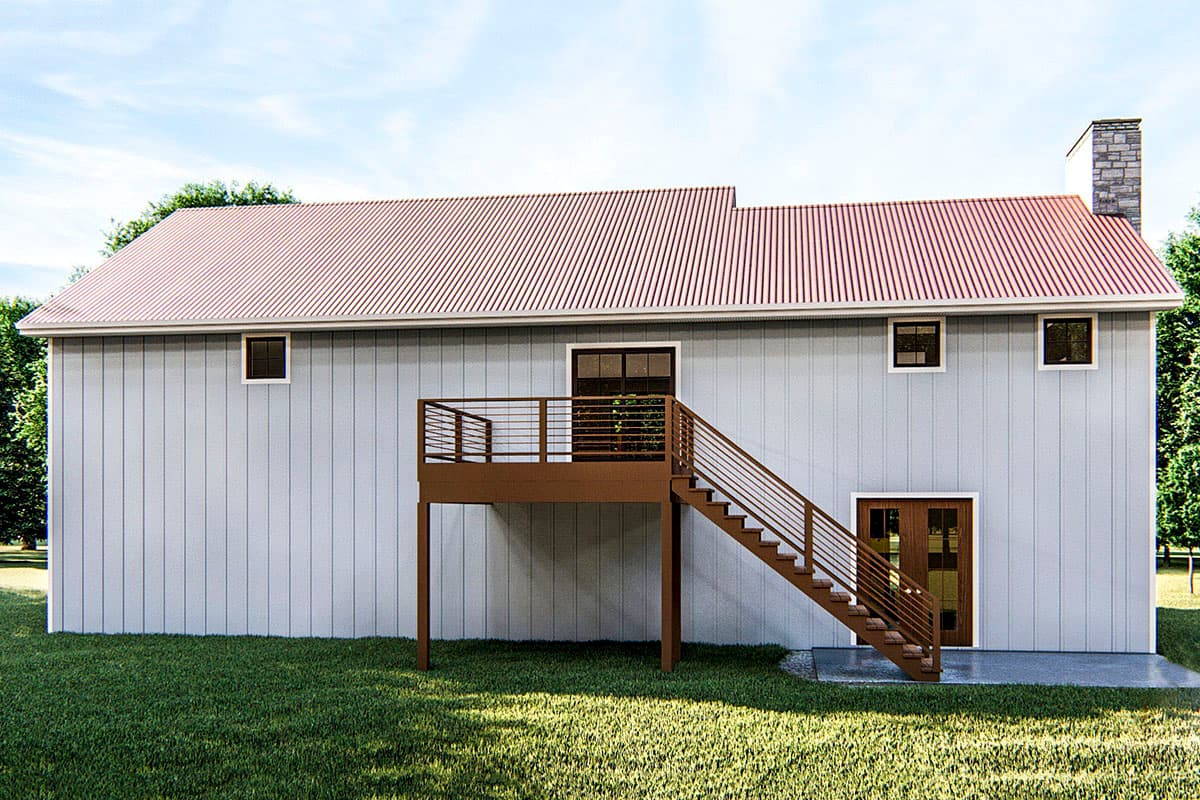 House plan exterior: Two-story modern home with a standing seam metal roof, vertical siding, deck with stairs, and stone chimney.