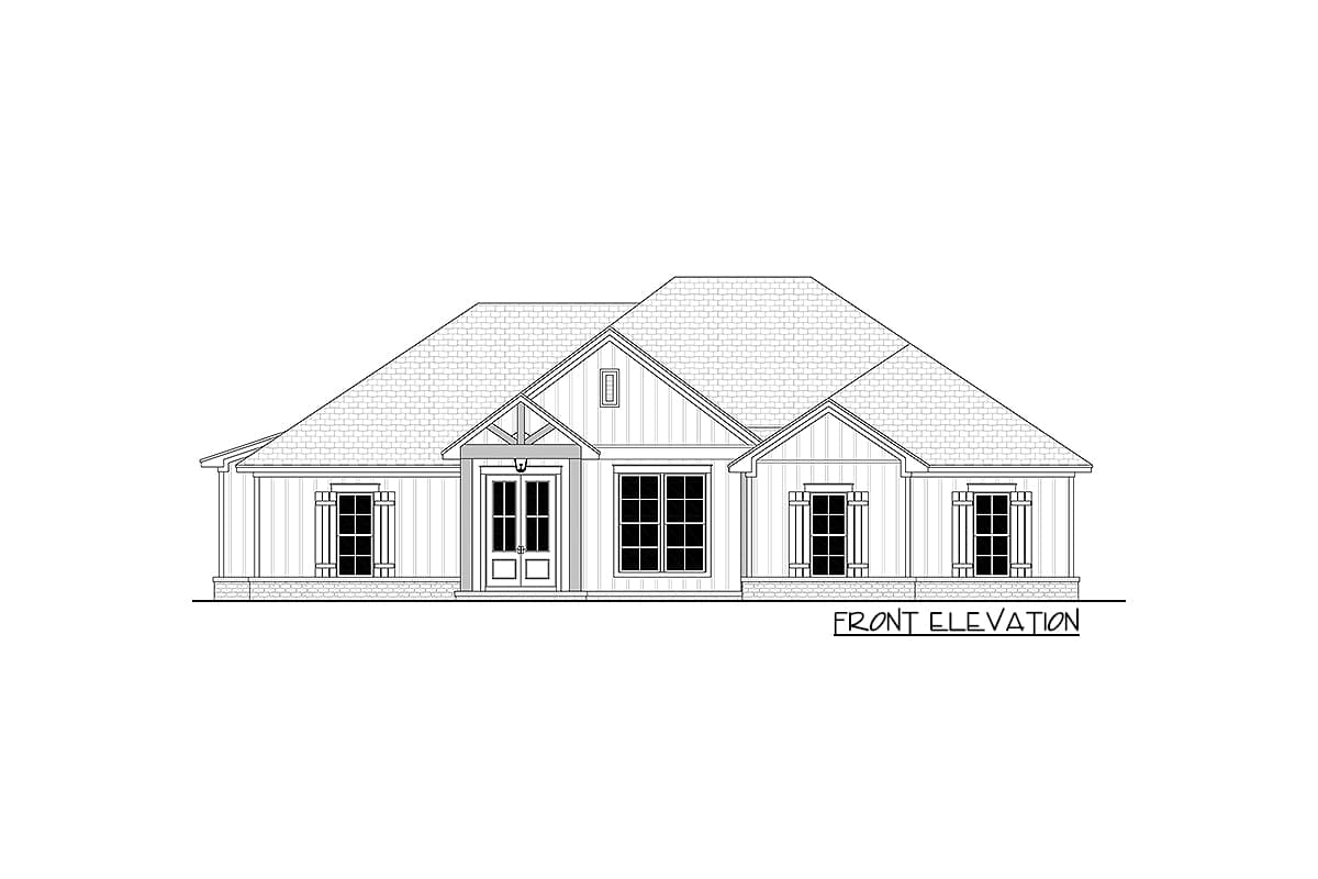 Front elevation drawing of a single-story house with a gabled roof, exposed rafter tails, and a covered entry with double doors.