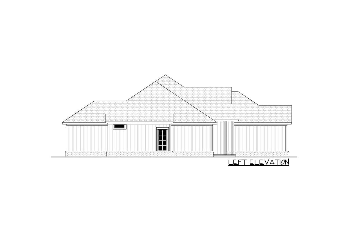 Left elevation of a one-story house plan with varied rooflines, a prominent gable, and a covered porch with columns.