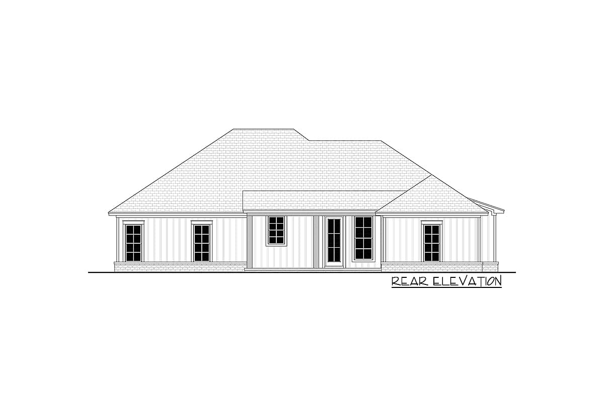 Rear elevation drawing of a single-story house with a hip roof, multiple windows, and a covered entrance.