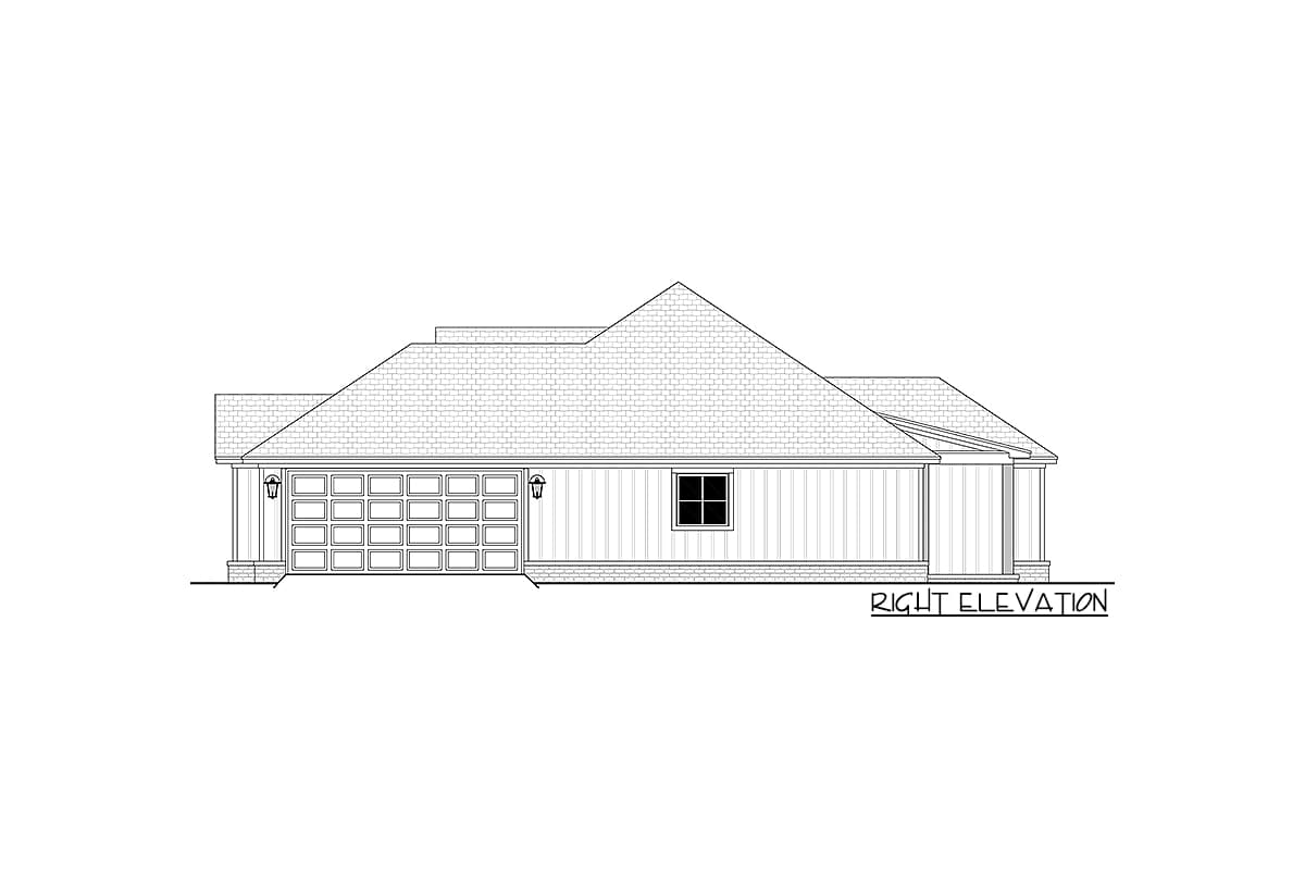 House plan right elevation showing a single-story structure with a two-car garage, gable roof, and covered porch.