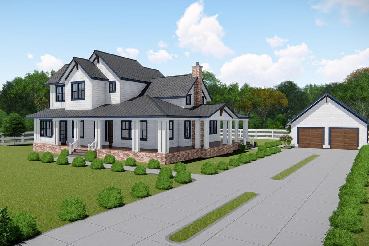 Modern Farmhouse two-story house plan exterior with wrap-around porch, gables, dormers, and detached two-car garage.