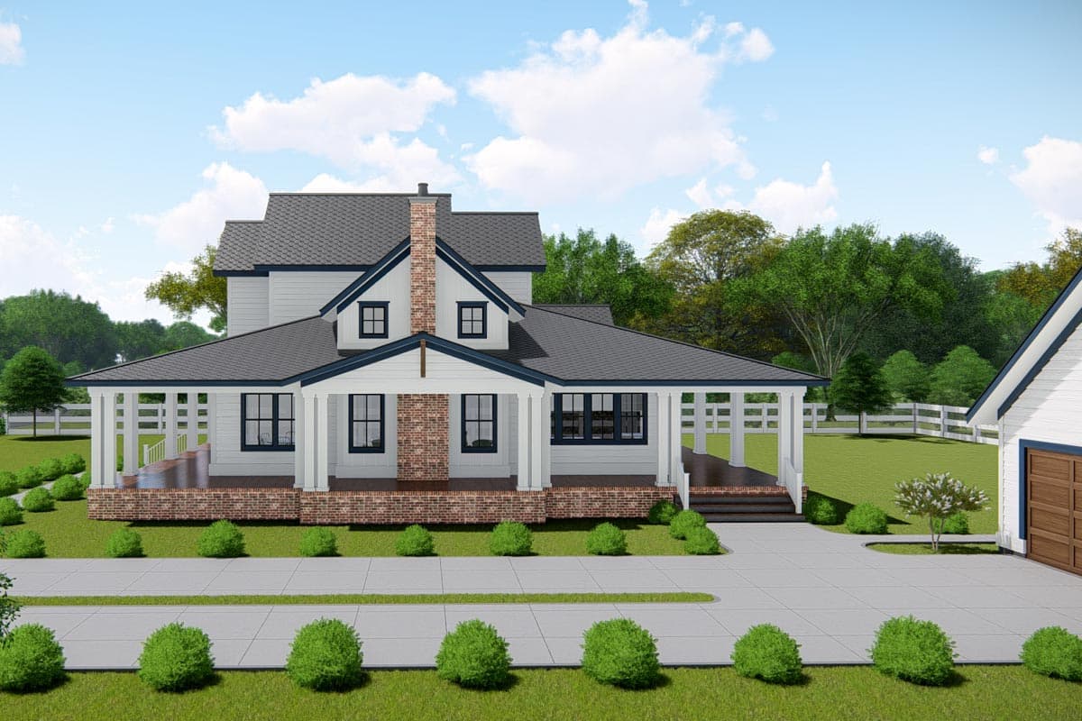 House plan exterior: two-story Modern Farmhouse with wrap-around porch, brick chimney, and gables.