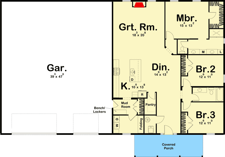 Plan 62811DJ: One-Story Post Frame Home Plan with Large Covered Entry - Floor Plan - Main Level - Barndominium, Country, Craftsman, Ranch, Southern, Traditional