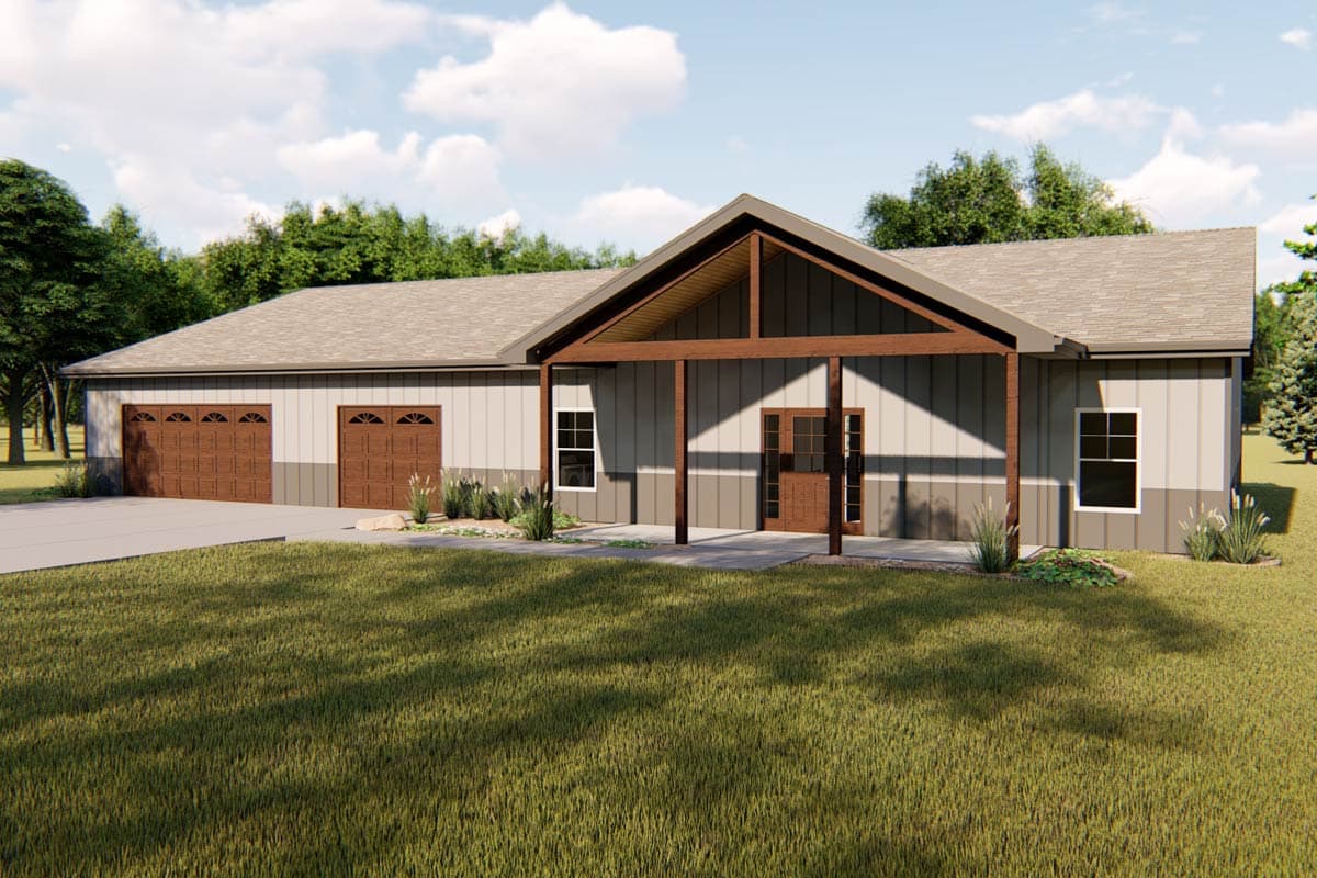House plan exterior. Ranch style with a covered porch, two-car garage, and gable roof. Features include wood-look garage doors and front entry.