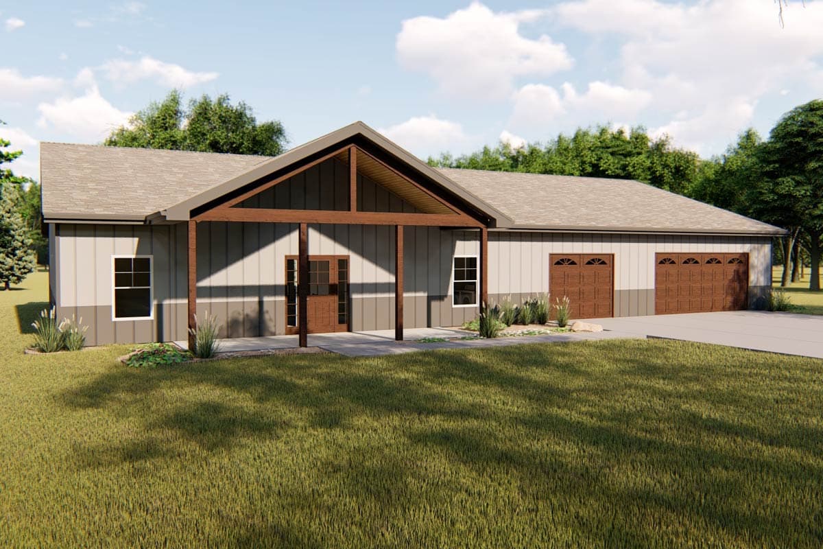 House plan exterior: single-story dwelling with covered entry, gabled roof, and three-car garage with arched doors.