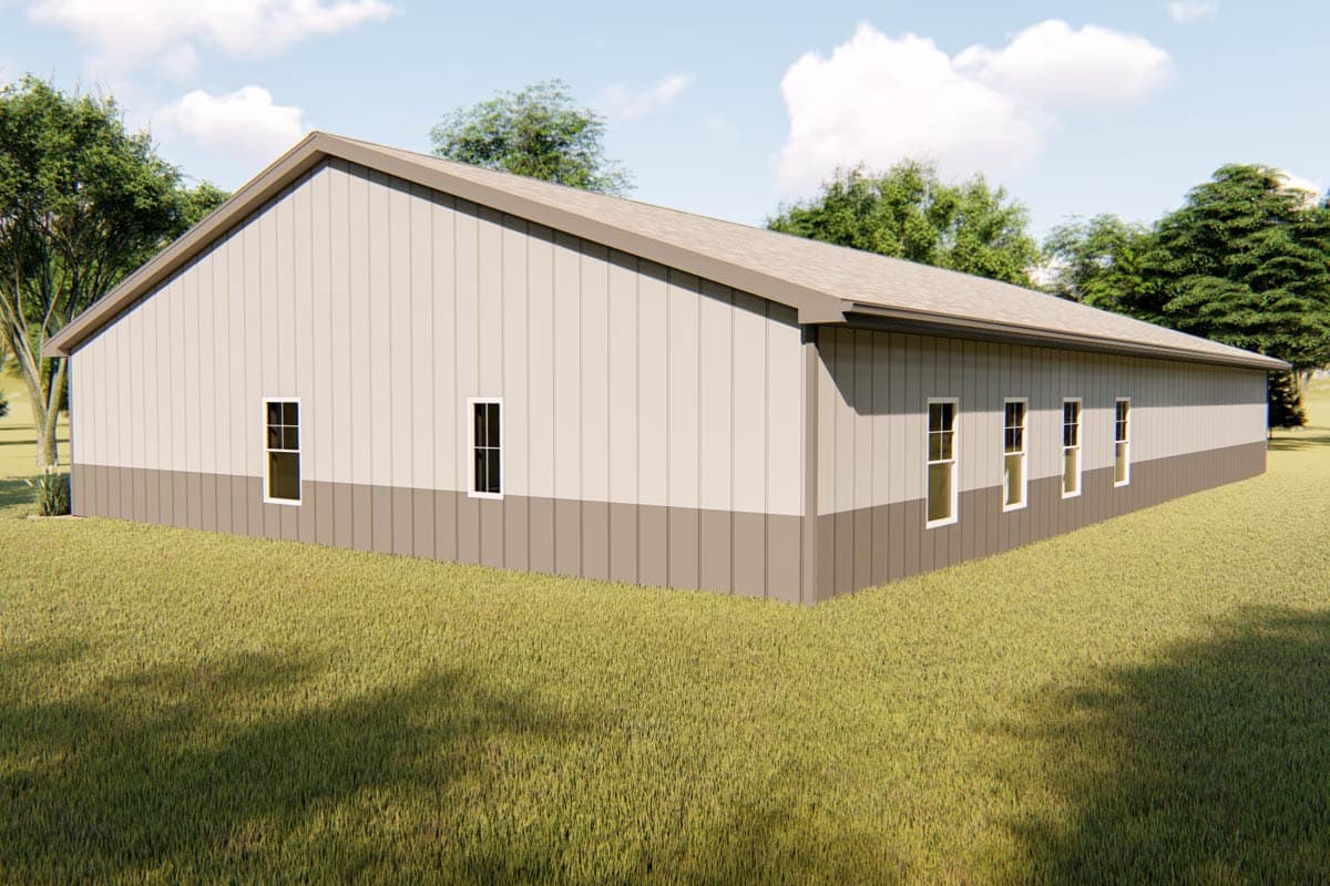 House plan exterior: long, one-story building with light tan vertical siding and dark tan wainscoting, featuring a gable roof and multiple windows.