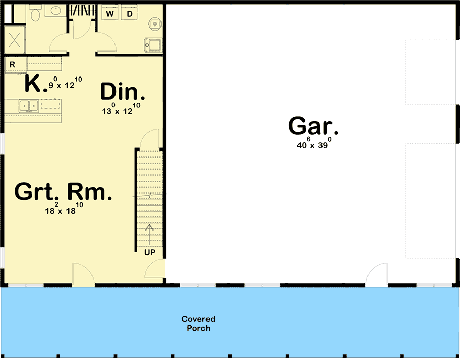 Plan 62812DJ: Post Frame Home Plan with Full-length Covered Porch - Floor Plan - Main Level - Barndominium, Cabin, Carriage, Rustic, Vacation