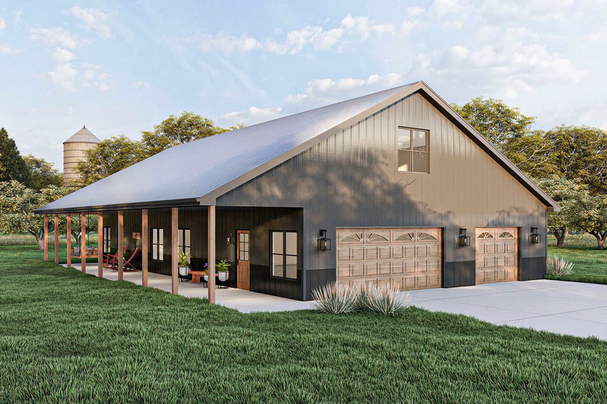 House plan exterior. A single-story, barn-style building with a covered porch, two garage bays, and a metal gable roof.