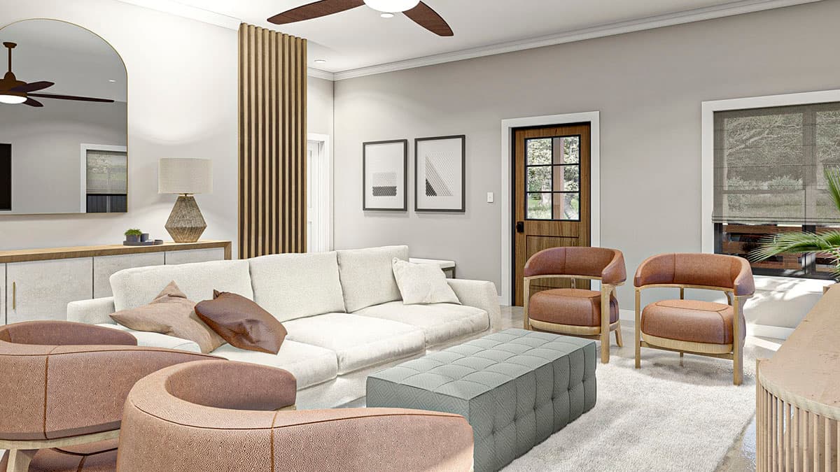 Living room rendering with sectional sofa, two chairs, tufted ottoman, wood door, arched mirror, and decorative screen.