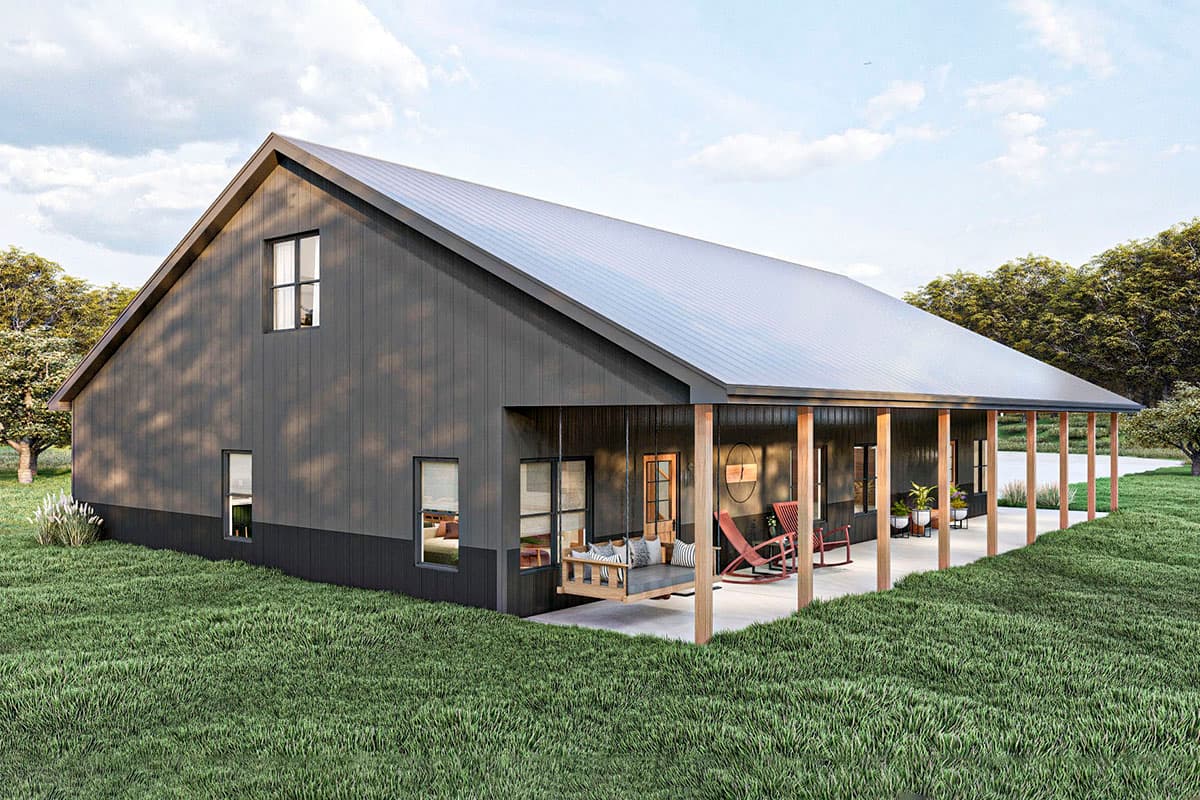 Plan 62812DJ: Post Frame Home Plan with Full-length Covered Porch - Image #9 - Barndominium, Cabin, Carriage, Rustic, Vacation