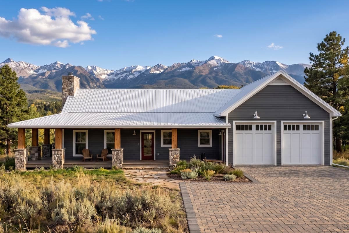 Ranch house plan exterior with metal roof, stone and wood column porch, and attached two-car garage. Mountain backdrop.