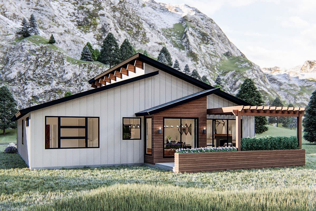 Modern house plan exterior with white vertical siding, large windows, wood accents, and a pergola over a planter.