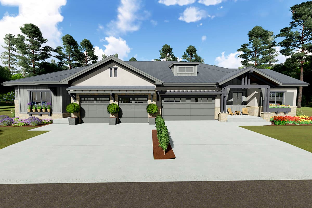House plan exterior with Craftsman-style elements, one story, three-car garage, gable roof, and covered entry porch.