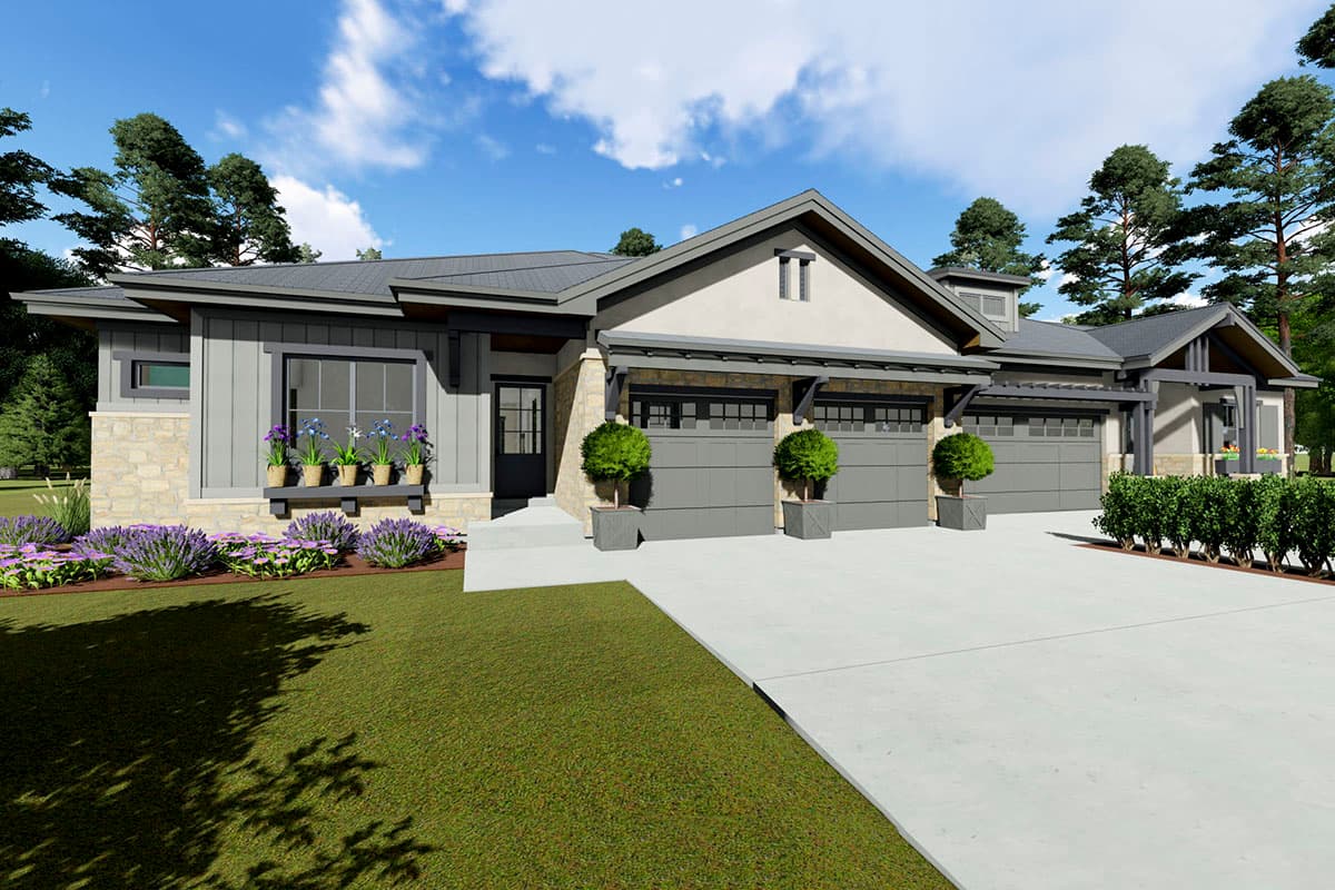 House plan exterior: Single-story Modern Farmhouse with stone and board-and-batten siding, gable roof, and a four-car garage.