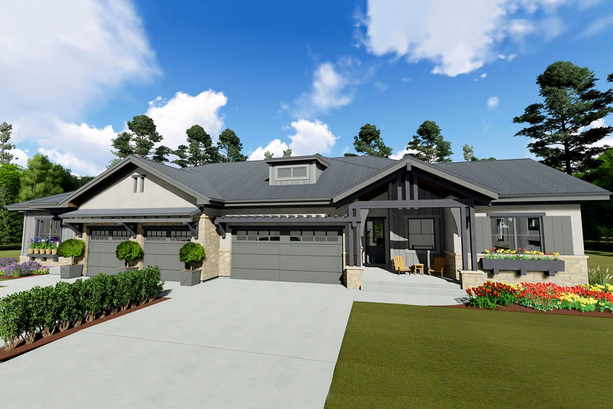 Modern Farmhouse house plan exterior, one story, with triple garage, gable rooflines, dormer, and covered entryway.