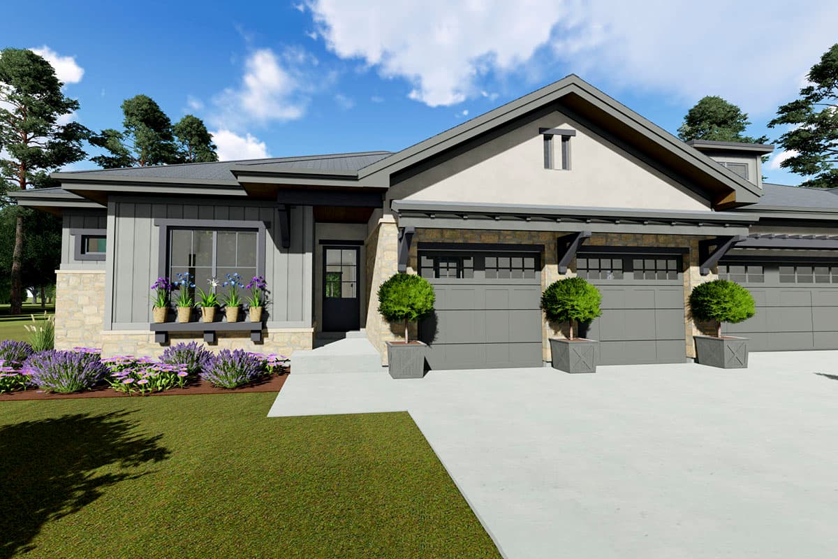 Modern Farmhouse house plan exterior featuring a stone and vertical siding facade, a covered entry, and a three-car garage.