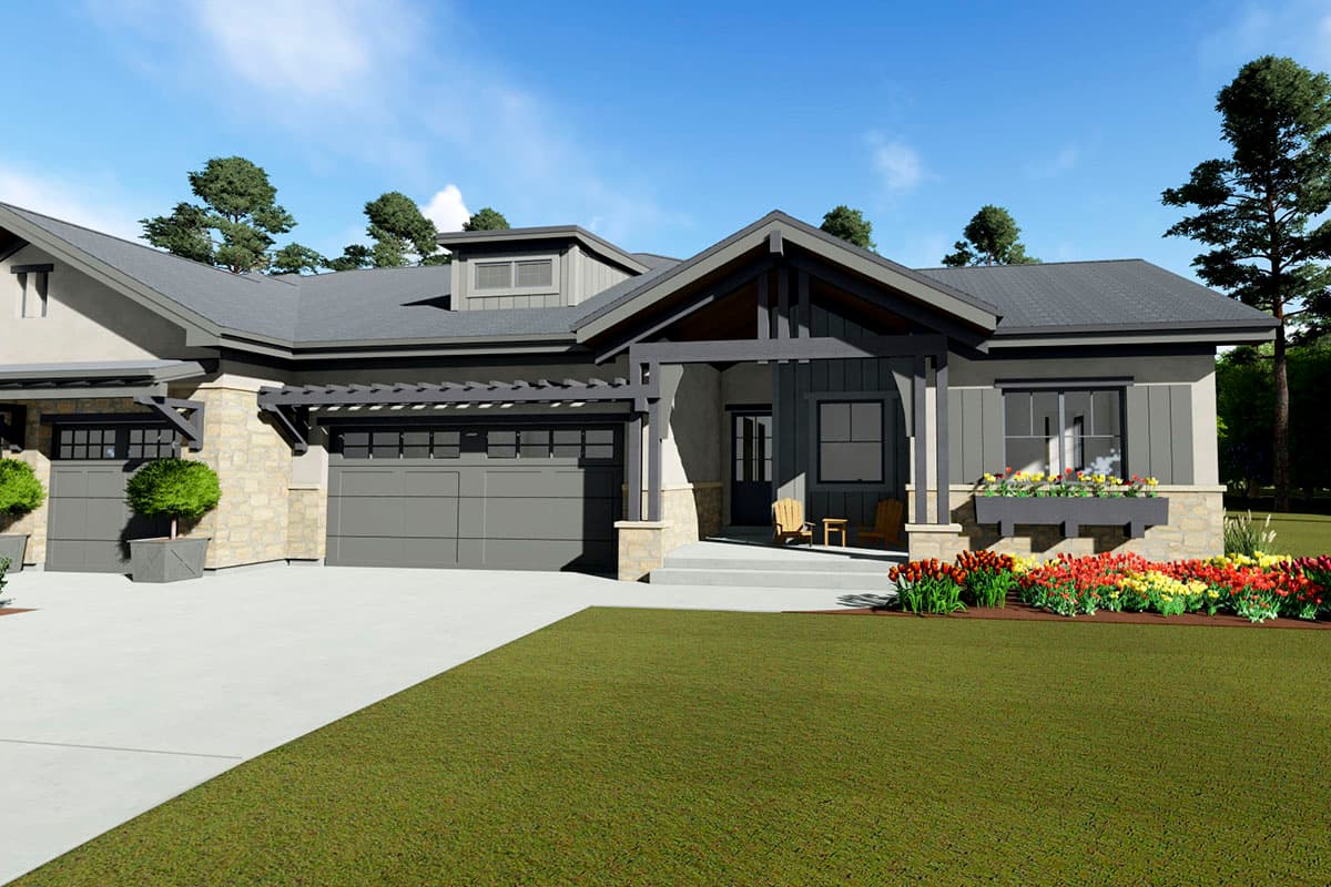 Modern Farmhouse house plan exterior. One story with a three-car garage, gabled rooflines, stone accents, and covered entryway.
