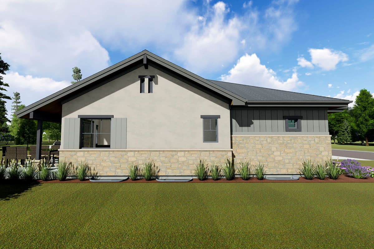 House plan exterior with stone and stucco facade, gabled roof, and covered porch.
