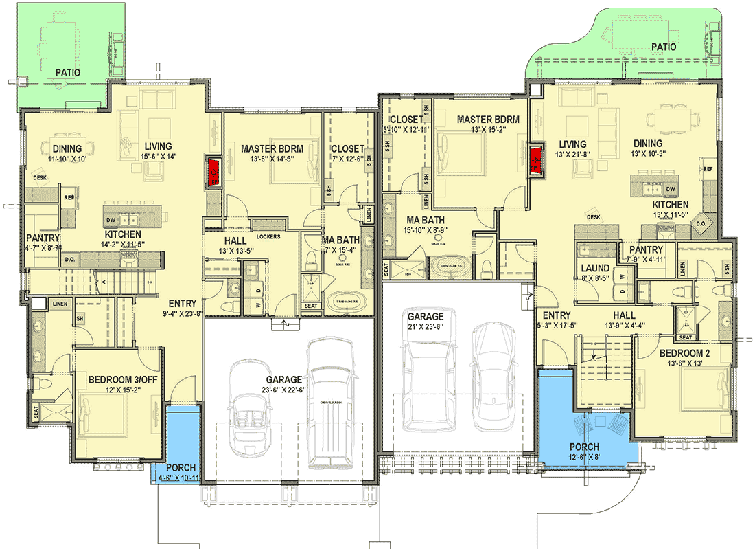 Plan 64488SC: Multi-Family Craftsman Plan with 2 Dissimilar Units 2 Bedroom Units - 1845 Sq Ft and 1747 Sq Ft - Floor Plan - Main Level - Craftsman, Farmhouse, Northwest, Prairie