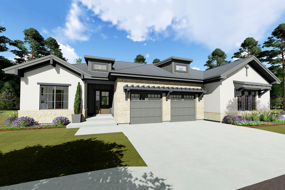 House plan exterior: Modern Ranch style, one story, with stone accents, a double garage, and prominent gables.